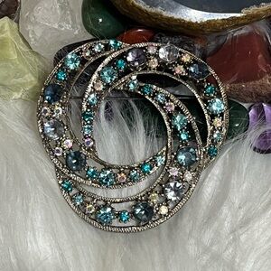 Vintage Teal and Aqua Crystal Swirl Brooch
